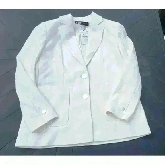 Zara Womens Oyster White Tailored Two Button Blazer Jacket XS Patch Pocket Gold - Picture 10 of 14